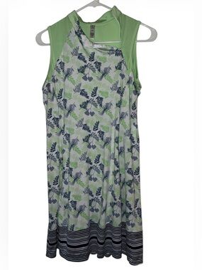 Tee Time dress Green and White Leaf Print Sleeveless Dress‎ Sz M